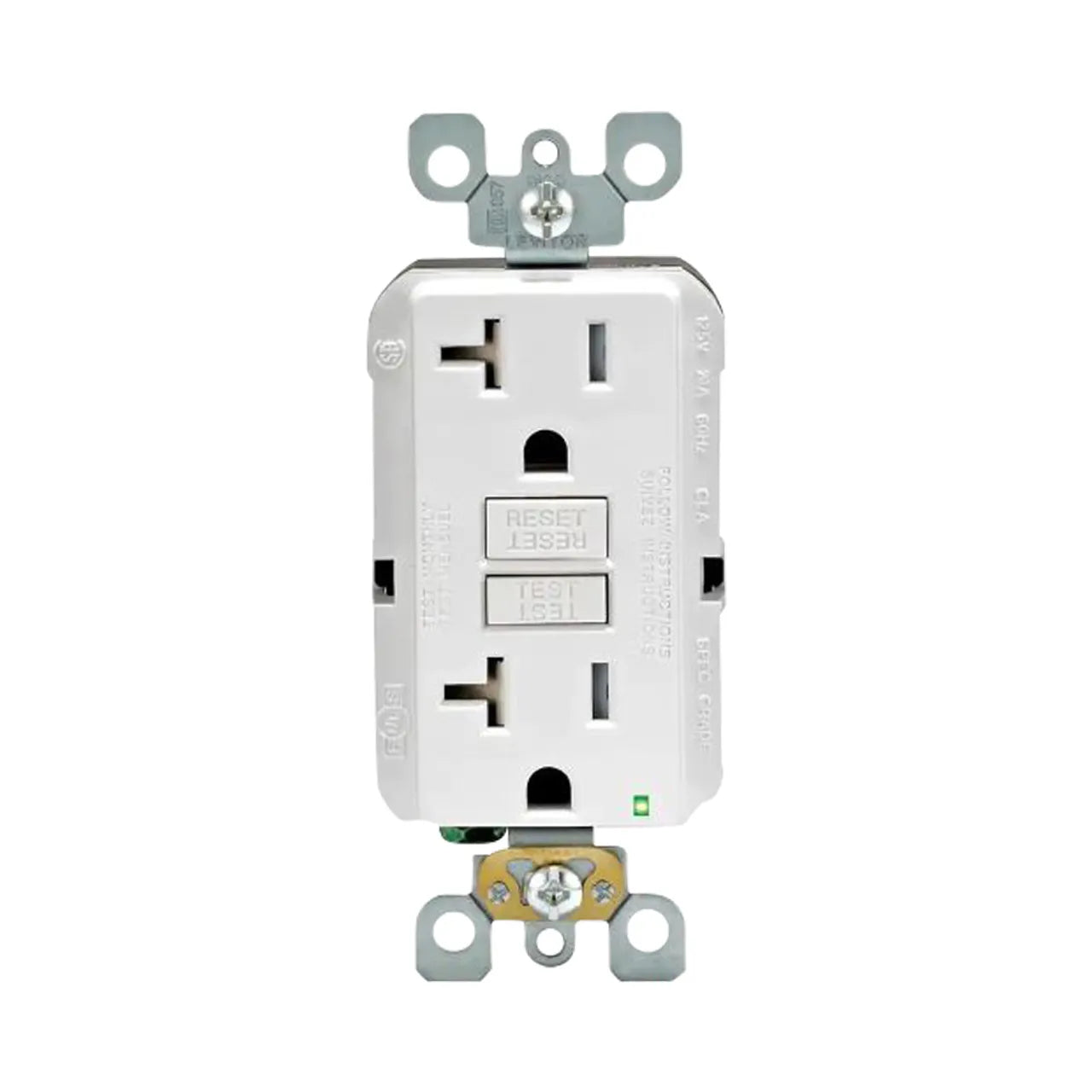 The Go Build 20A-125V Duplex SmarTest Self-Test SmartlockPro Tamper Resistant GFCI Outlet in white features two sockets, central RESET and TEST buttons, metal mounting brackets, and enhanced safety with a Tamper Resistant Outlet design.